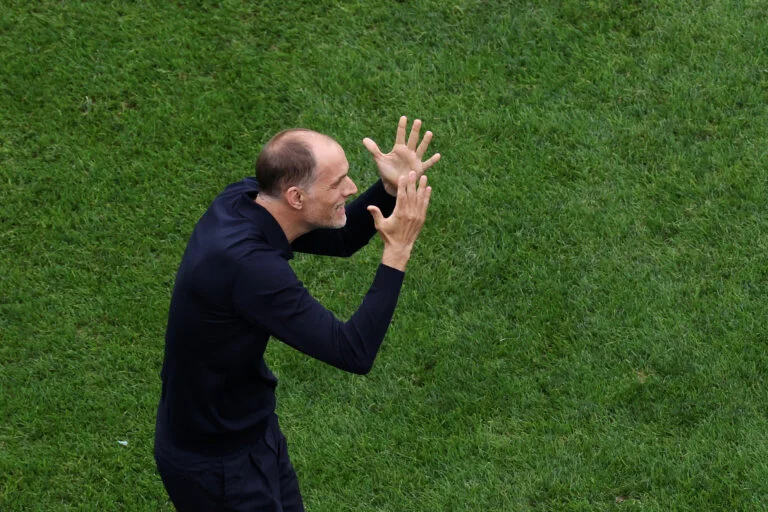 Thomas Tuchel, Manager of England, reacts during the FIFA World Cup 2026 Group L match between England and Ghana at Boston Stadium on June 23, 2026 in Foxborough, Massachusetts.
